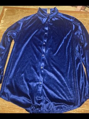 New York & Company Royal Blue Velvet Button-Up Blouse